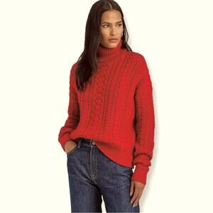 Lands End Red Cable Knit Speckled Turtleneck Sweater